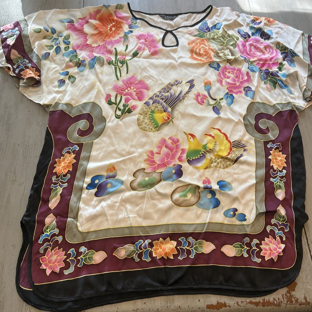 Amazing Grace Bird Floral Kimono 100% Silk Kaftan Top One Size Asian Inspired